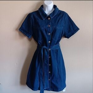 Nitzana NWT Casual Western Boho Denim Dress Dark Blue Button Up Stretchy Medium